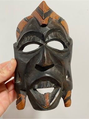 Vintage African Tribal Mask Hand Carved Wooden Wall Decor 6.5" Tall
